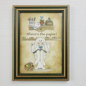 Vintage 90s Where's the Paper Framed Bathroom Folk Art Bunny Print 1661 TCR 1995